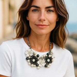 Women’s Necklace Black & White Metal Flower Faux Pearls Rhinestones Silvertone